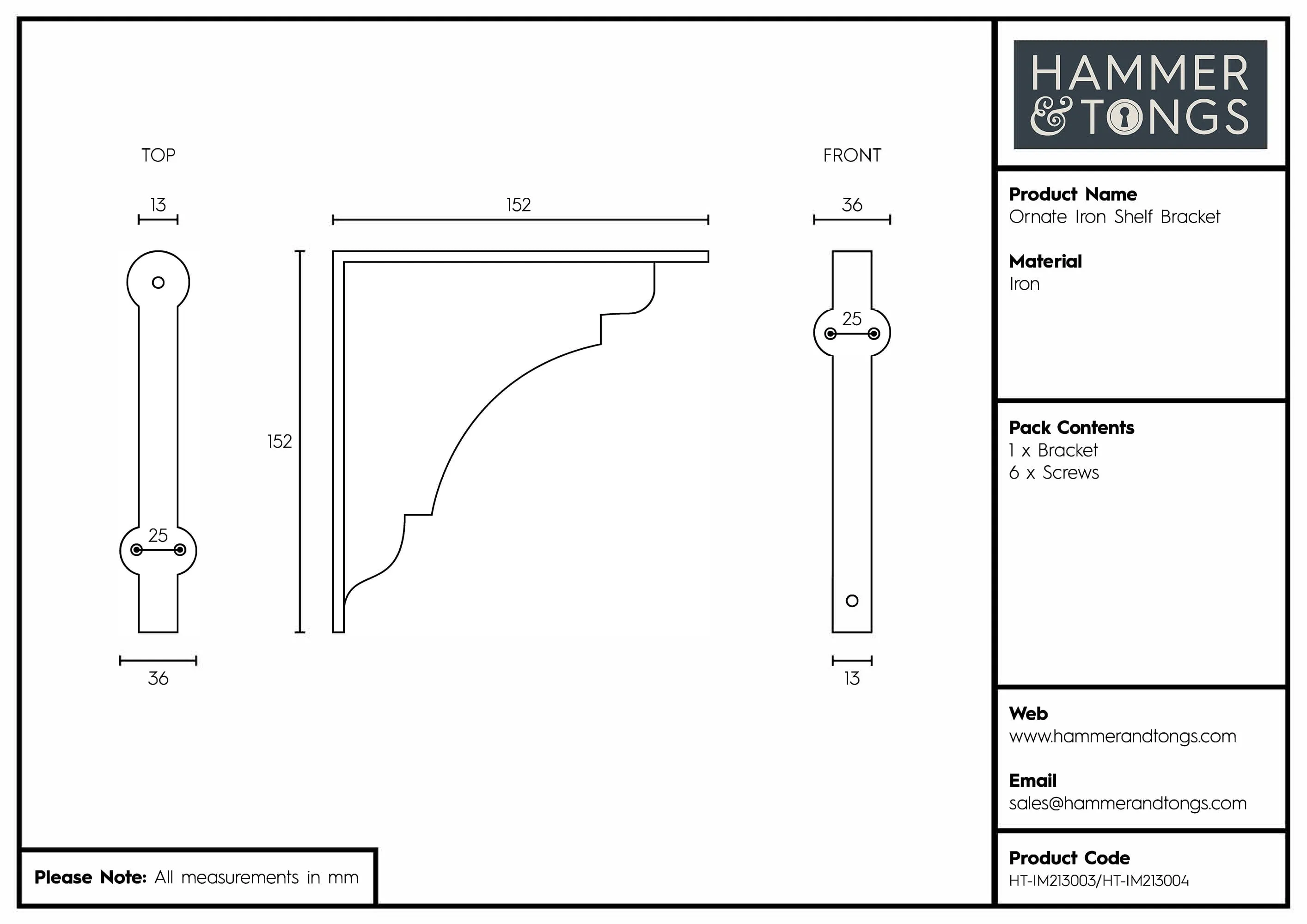 150mm Ornate Iron Shelf Bracket - By Hammer & Tongs