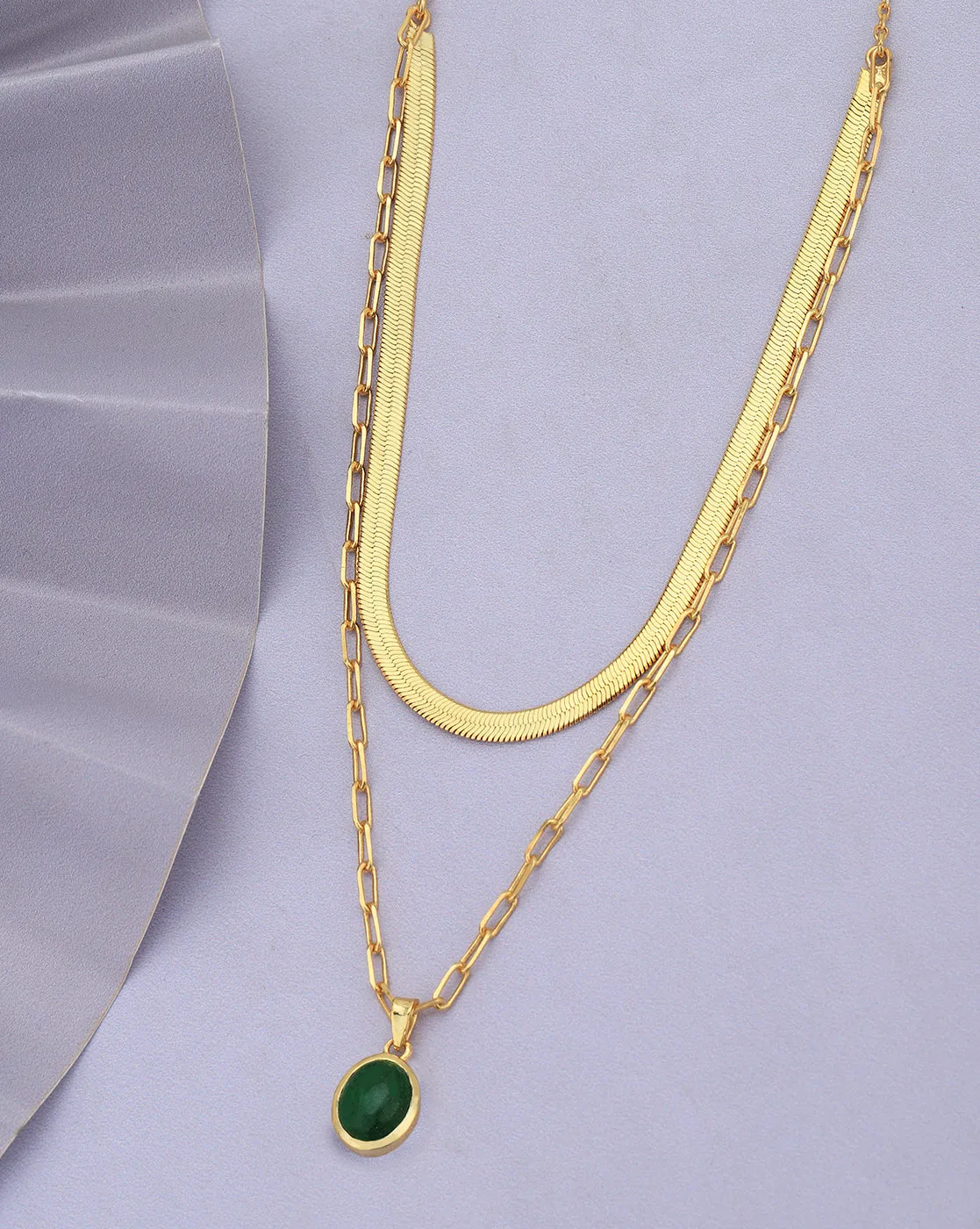 18kt Gold Plated with Natural Green Aventurine Stone Double Chain Necklace for women