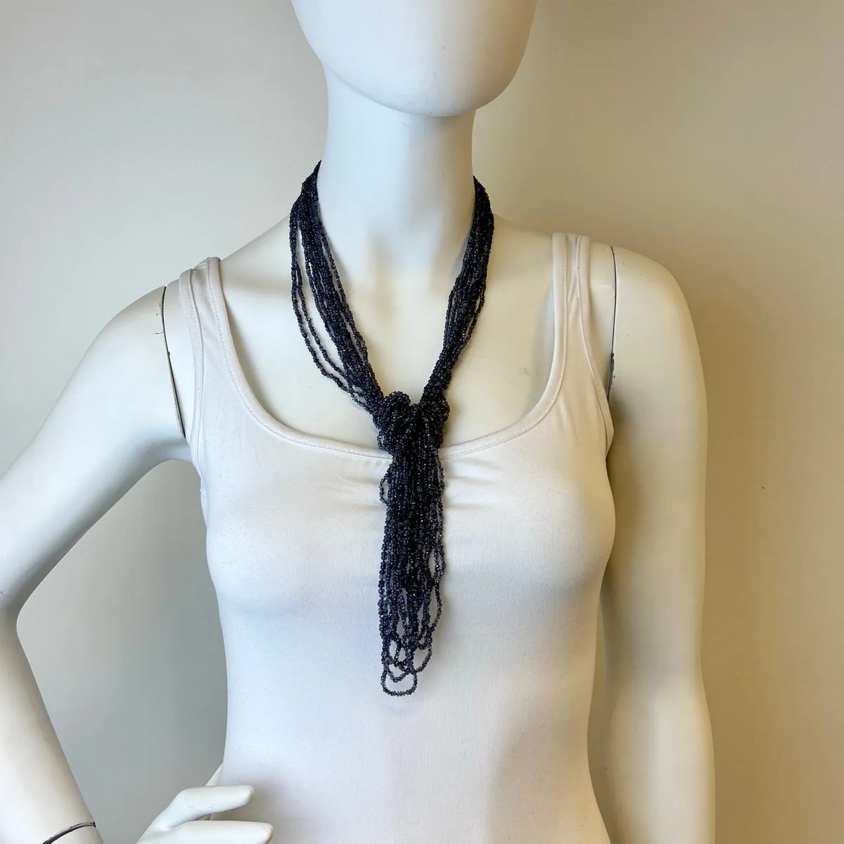 38" Iolite 10 Strand Necklace with Sapphire Embellished Clasp