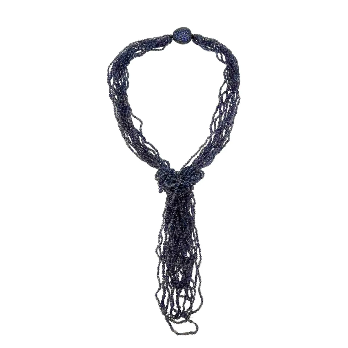 38" Iolite 10 Strand Necklace with Sapphire Embellished Clasp