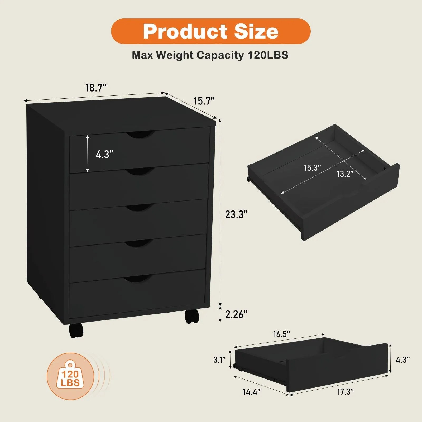 5-Drawer Chest Storage Cabinet, Wood Dresser with Wheels, Mobile Organizer for Office