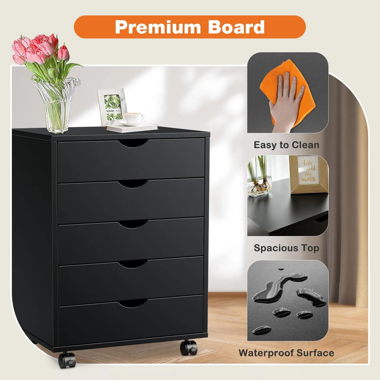 5-Drawer Chest Storage Cabinet, Wood Dresser with Wheels, Mobile Organizer for Office