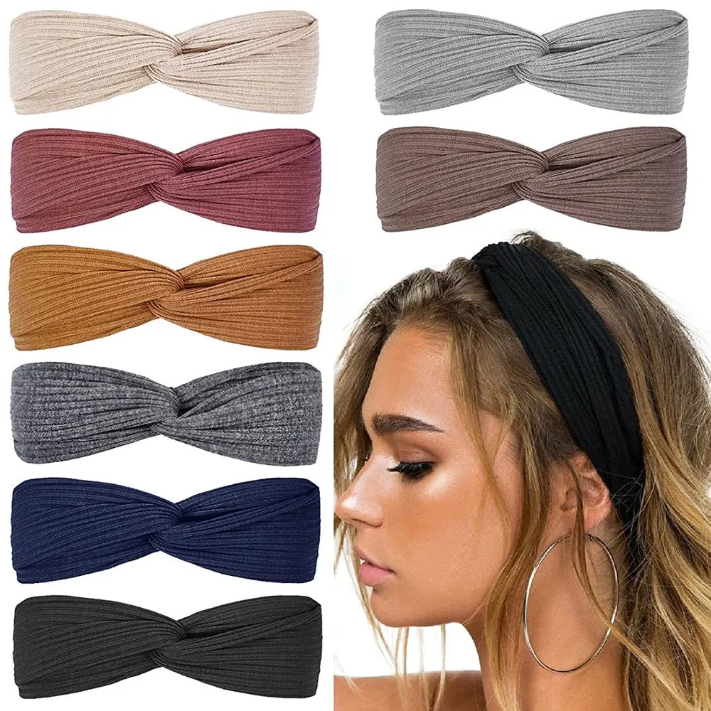 8Pcs Solid Color Workout Headbands for Women