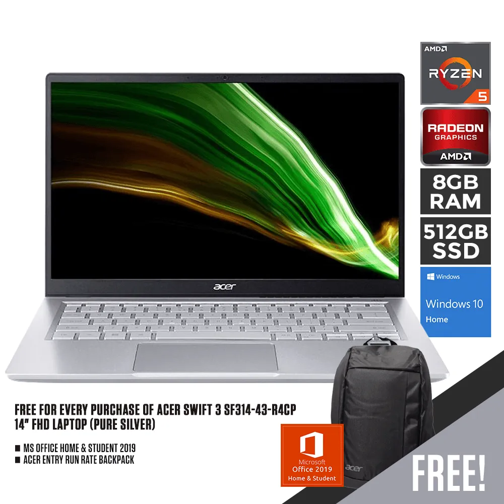 ACER Swift 3 SF314-43-R4CP Laptop (Pure Silver) | 14" FHD | Ryzen  5 5500U | 8GB DDR4 | 512 GB SSD | AMD RADEON | WIN10 MS Office Home & Studen with Free Acer Entry Run Rate Backpack