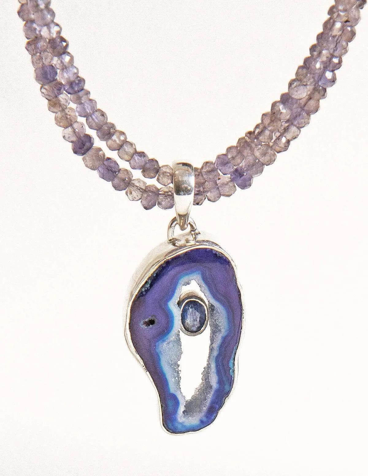 Agate Geode on Iolite Beaded Necklace - One of a Kind