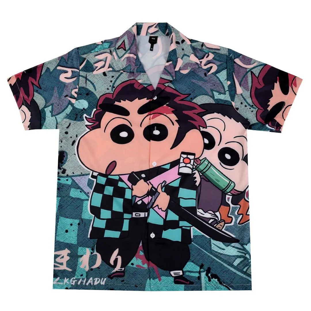 Animated Swordman Designed Green Aloha Shirt