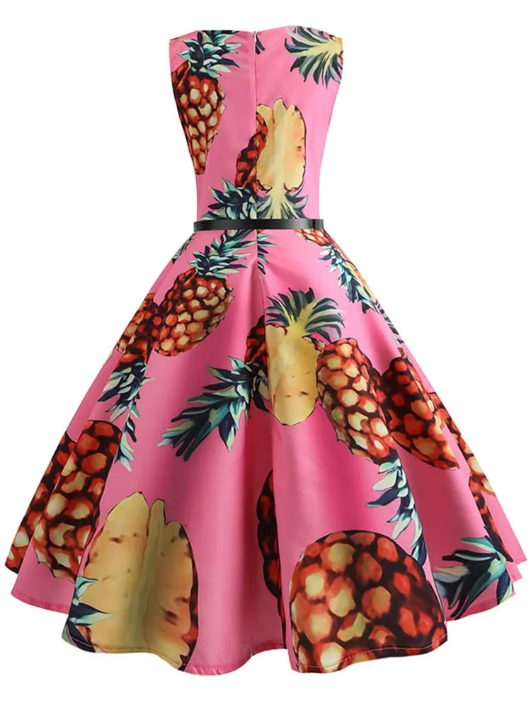 BerriesJam - 2024 Pineapple Print Pin Up Sleeveless A-Line Midi Party Dress