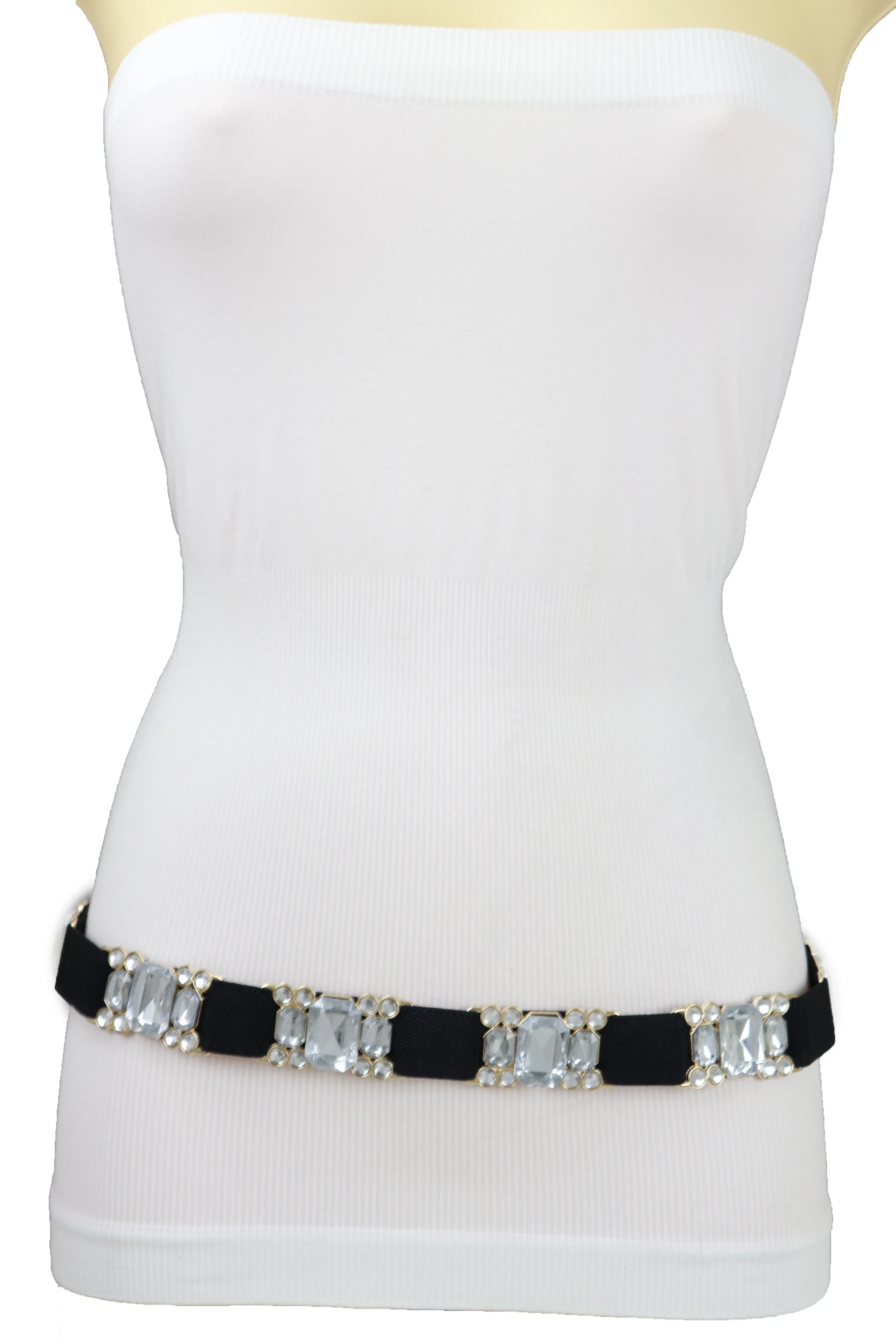 Black Elastic Belt Silver Bling Gold Metal Buckle S M