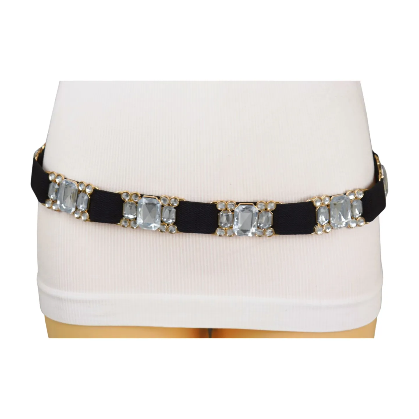 Black Elastic Belt Silver Bling Gold Metal Buckle S M