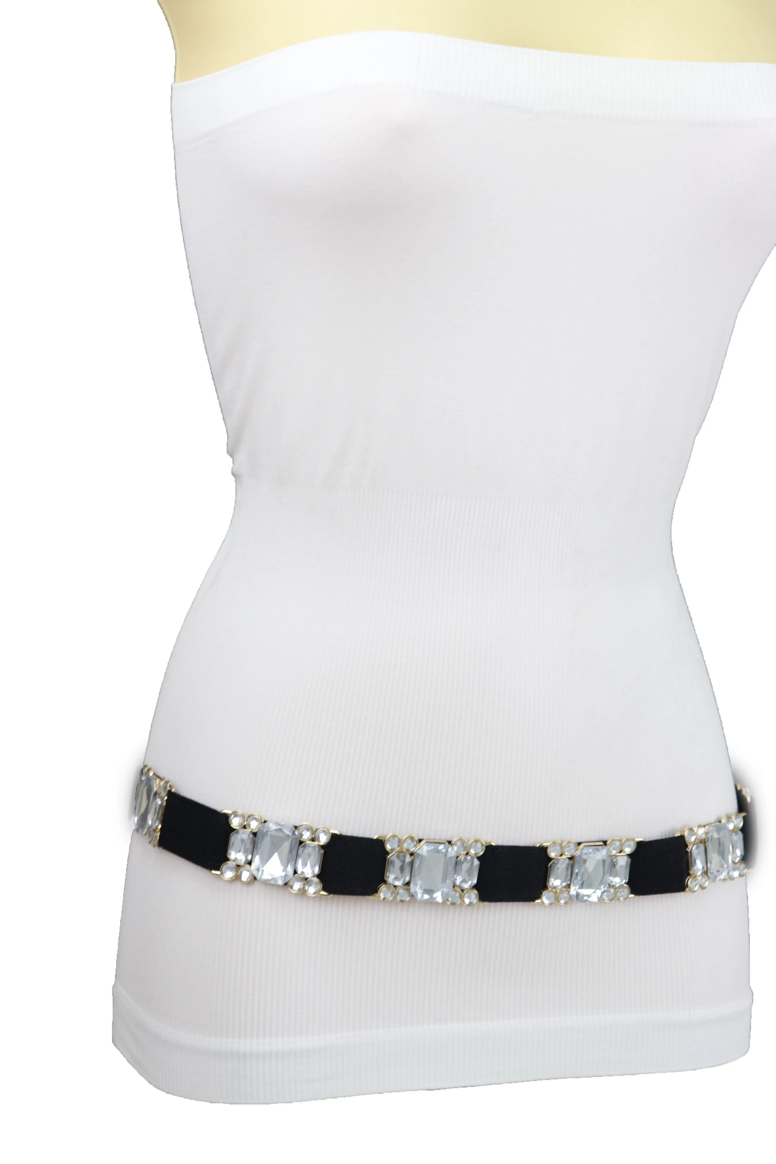 Black Elastic Belt Silver Bling Gold Metal Buckle S M