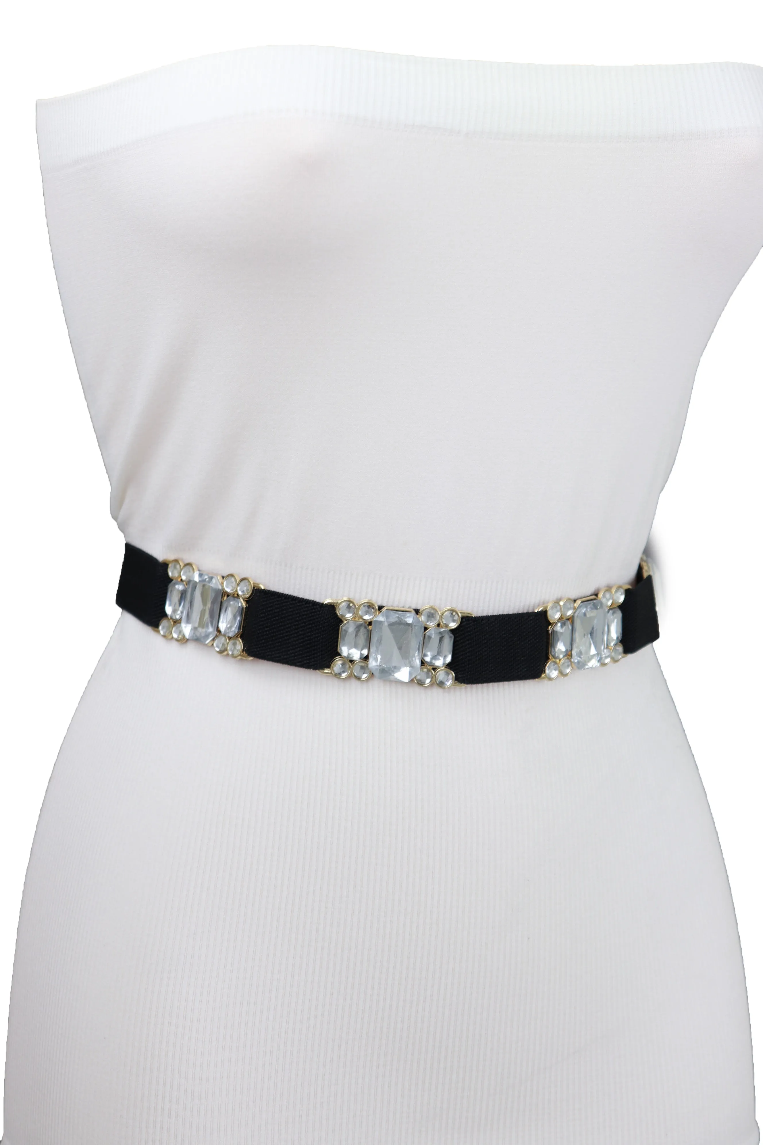 Black Elastic Belt Silver Bling Gold Metal Buckle S M