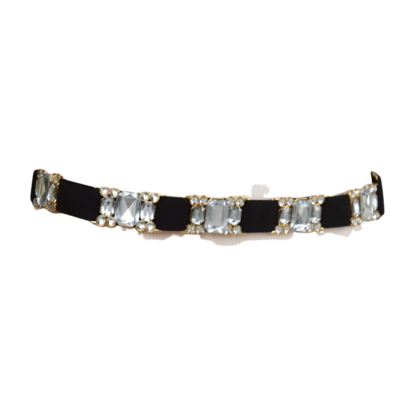 Black Elastic Belt Silver Bling Gold Metal Buckle S M