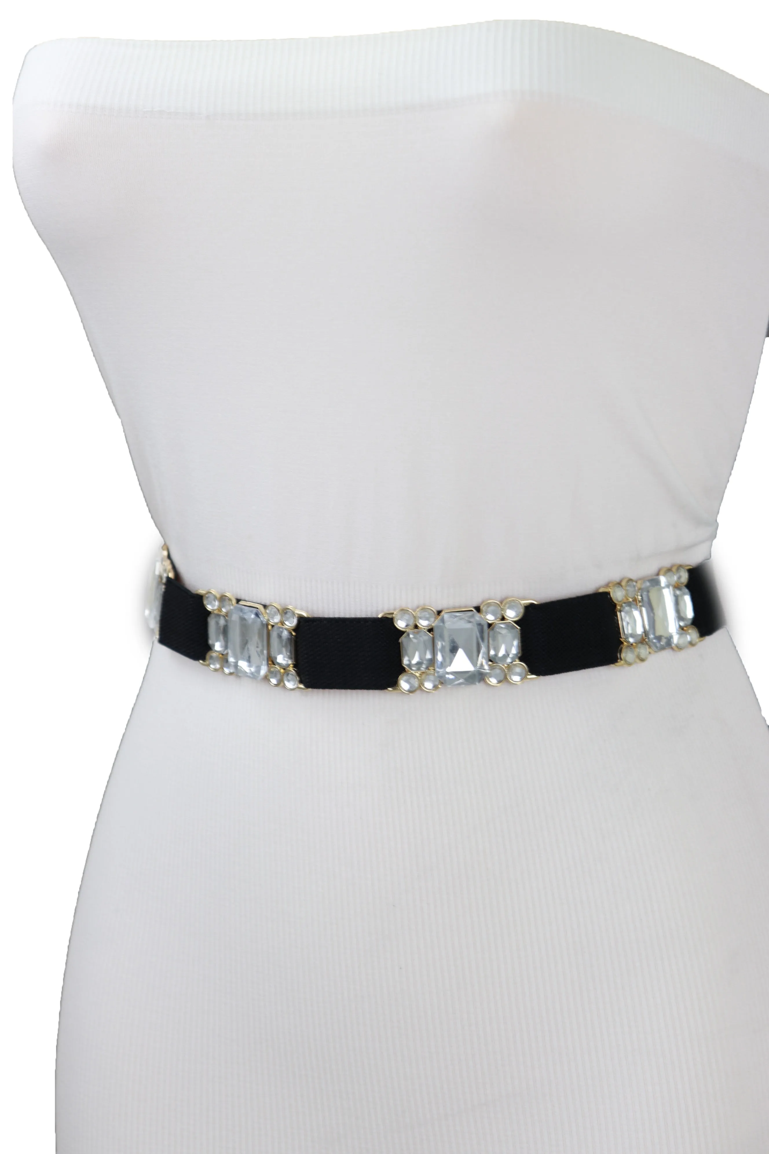 Black Elastic Belt Silver Bling Gold Metal Buckle S M