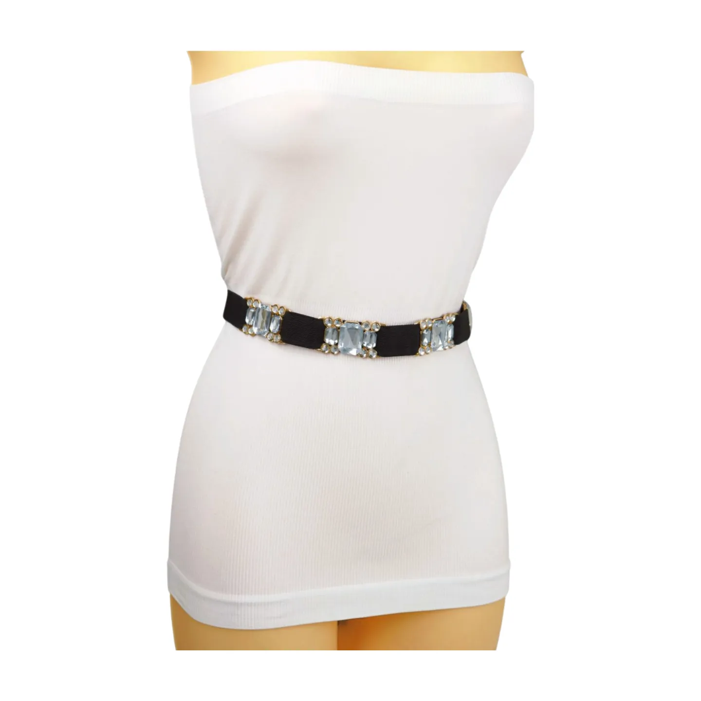 Black Elastic Belt Silver Bling Gold Metal Buckle S M