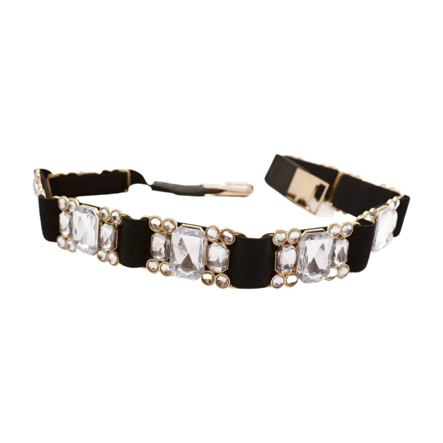 Black Elastic Belt Silver Bling Gold Metal Buckle S M