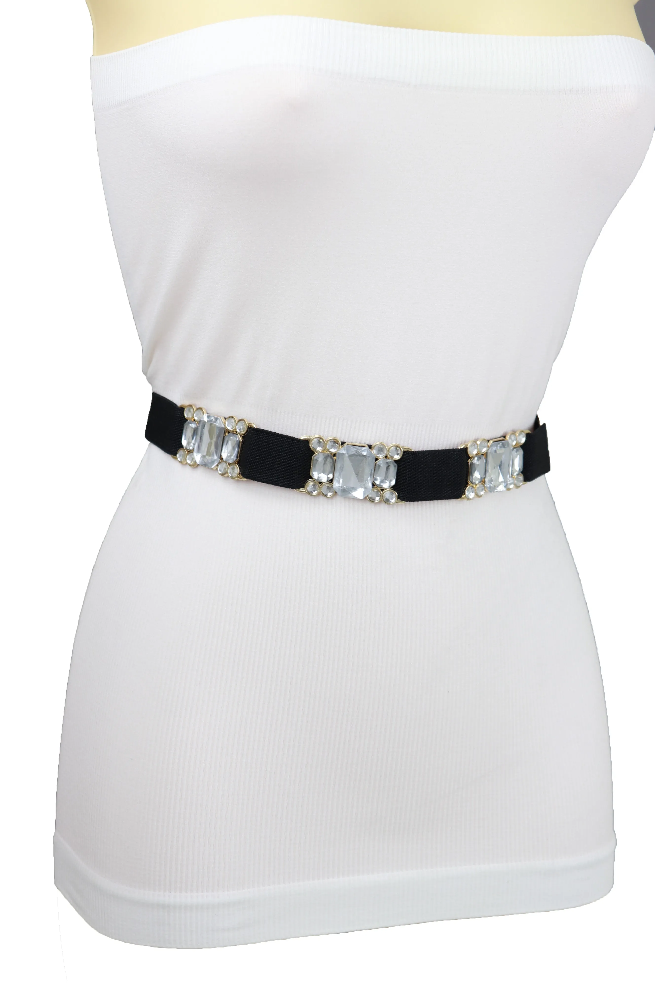 Black Elastic Belt Silver Bling Gold Metal Buckle S M