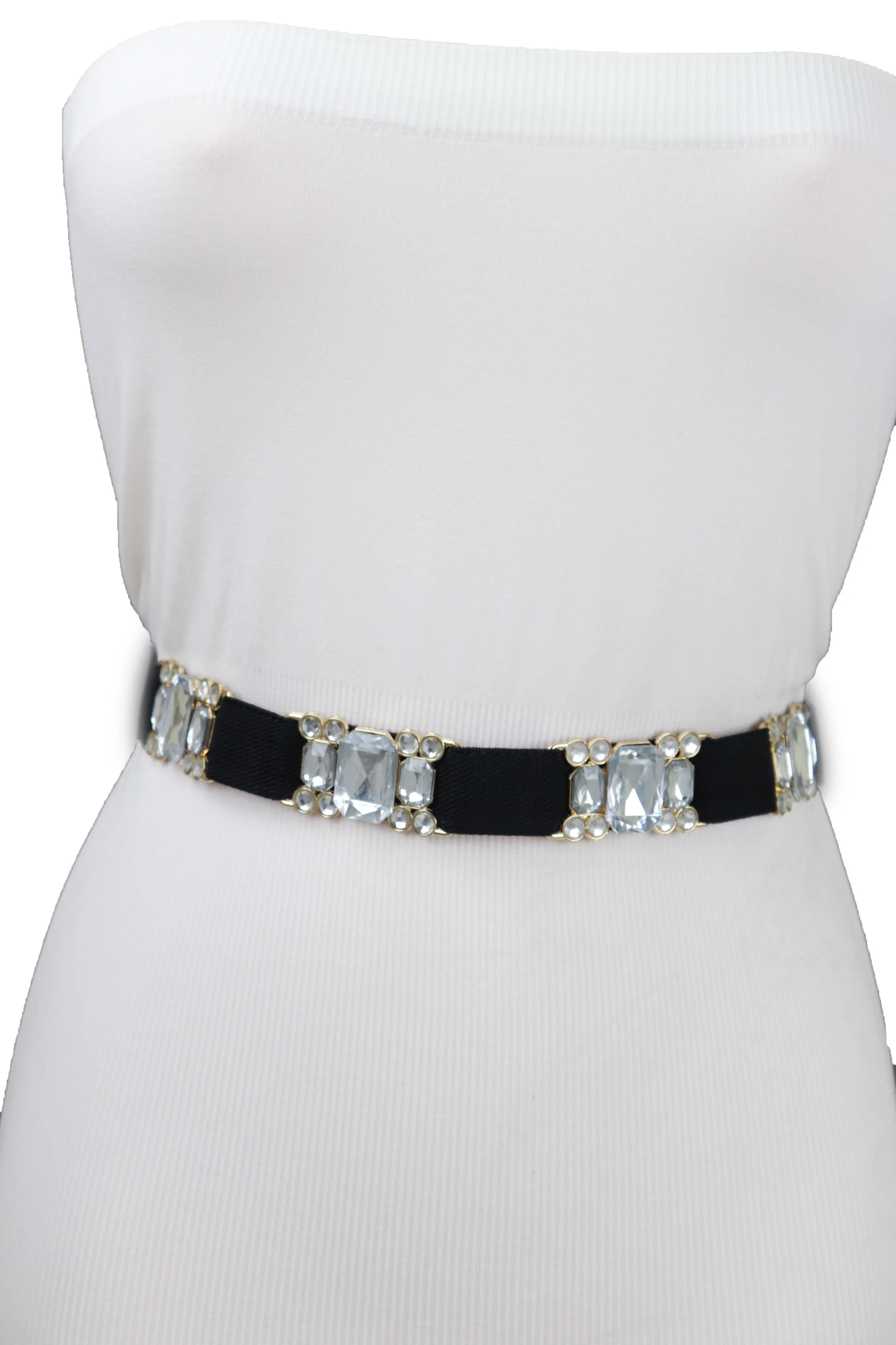 Black Elastic Belt Silver Bling Gold Metal Buckle S M