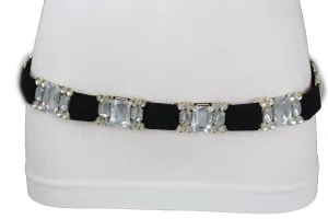 Black Elastic Belt Silver Bling Gold Metal Buckle S M