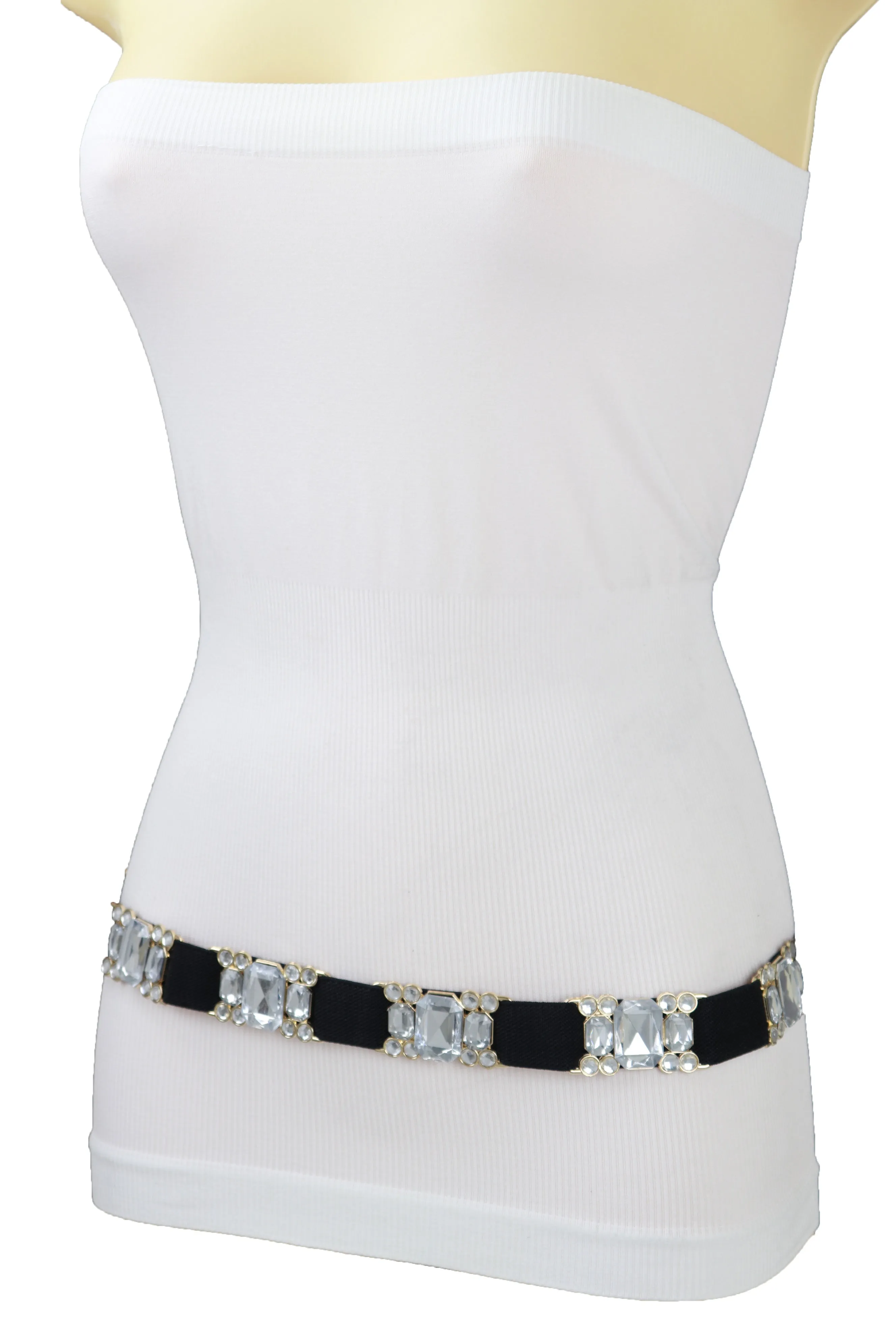 Black Elastic Belt Silver Bling Gold Metal Buckle S M