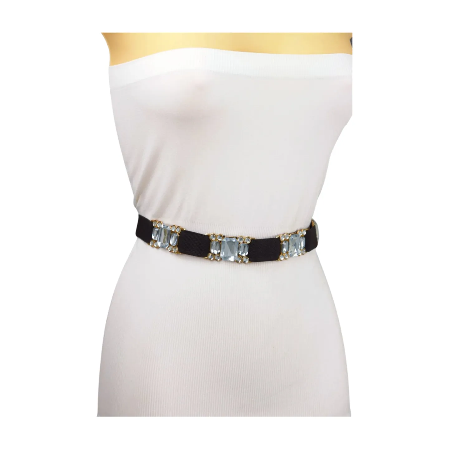 Black Elastic Belt Silver Bling Gold Metal Buckle S M