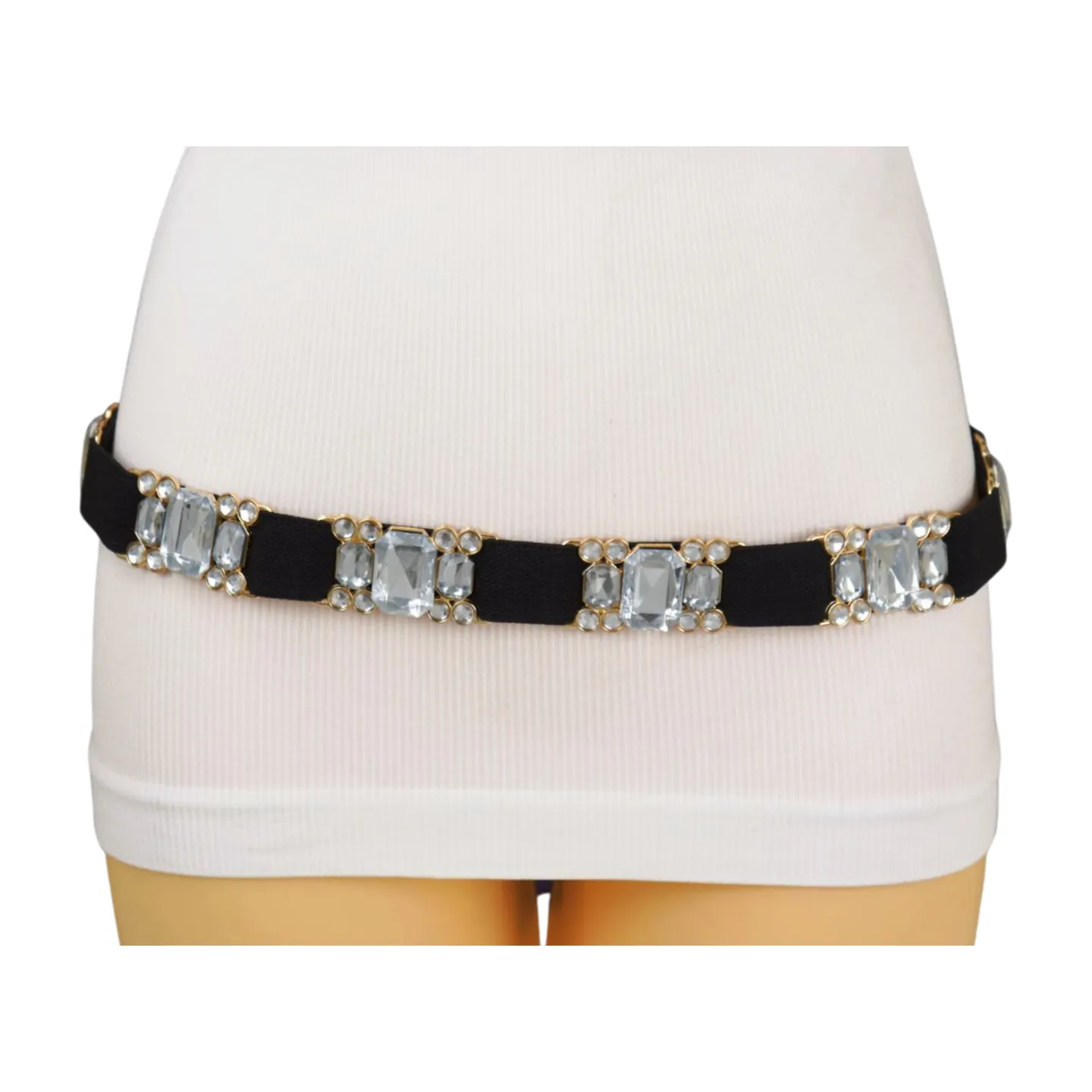 Black Elastic Belt Silver Bling Gold Metal Buckle S M