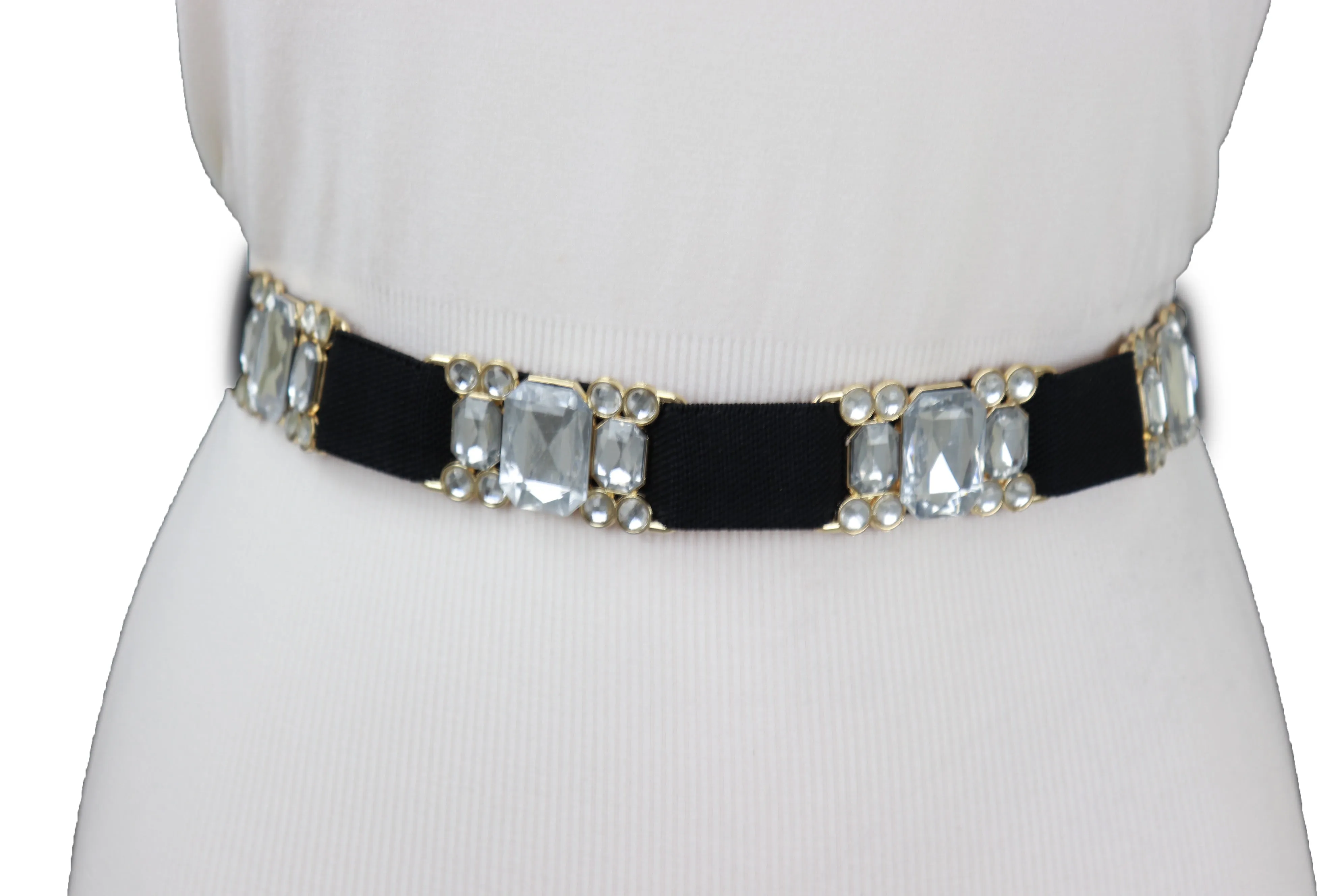 Black Elastic Belt Silver Bling Gold Metal Buckle S M