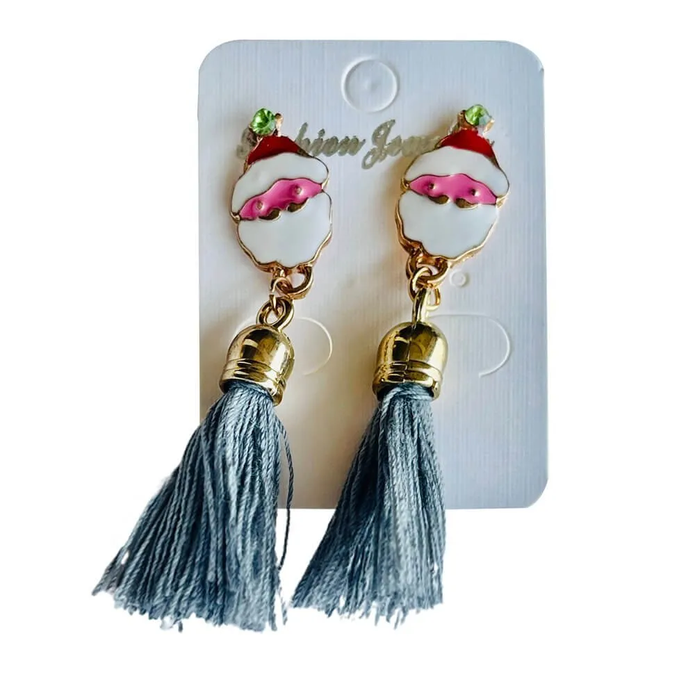 Christmas earrings accessories party wear, Grey Flowy hanging Santa Claus