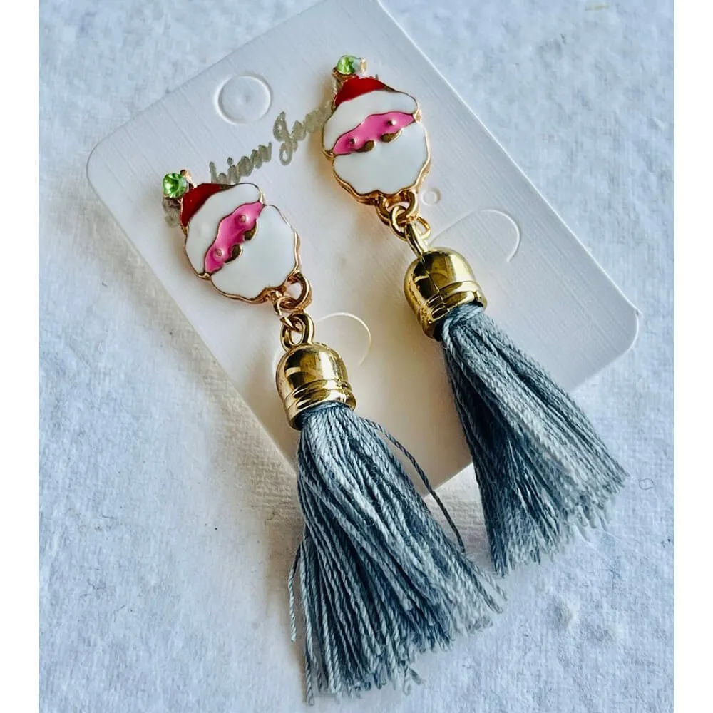 Christmas earrings accessories party wear, Grey Flowy hanging Santa Claus