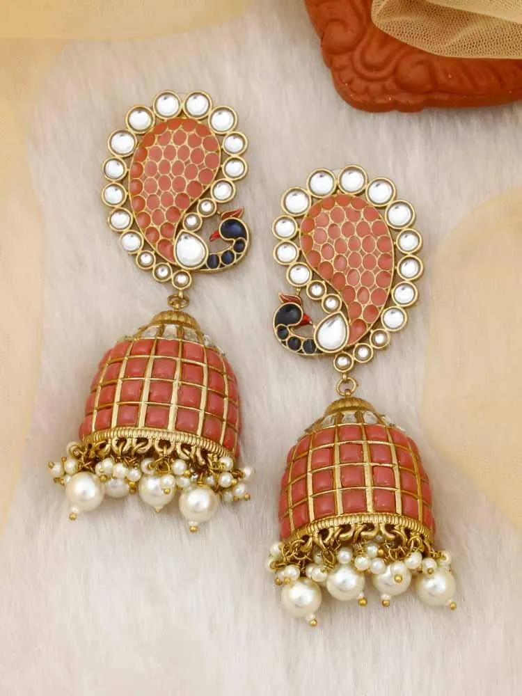 Coral Mayuri Jhumkis