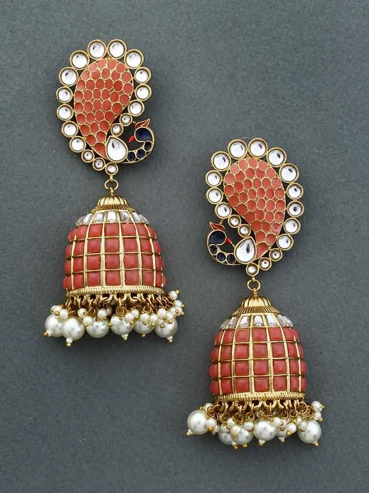 Coral Mayuri Jhumkis