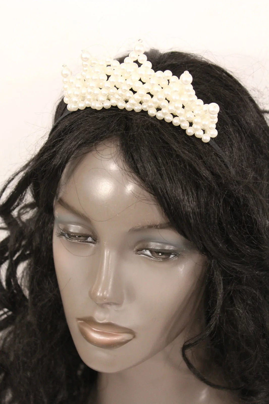 Cream Imitation Pearls Black Headband Crown Princess Queen