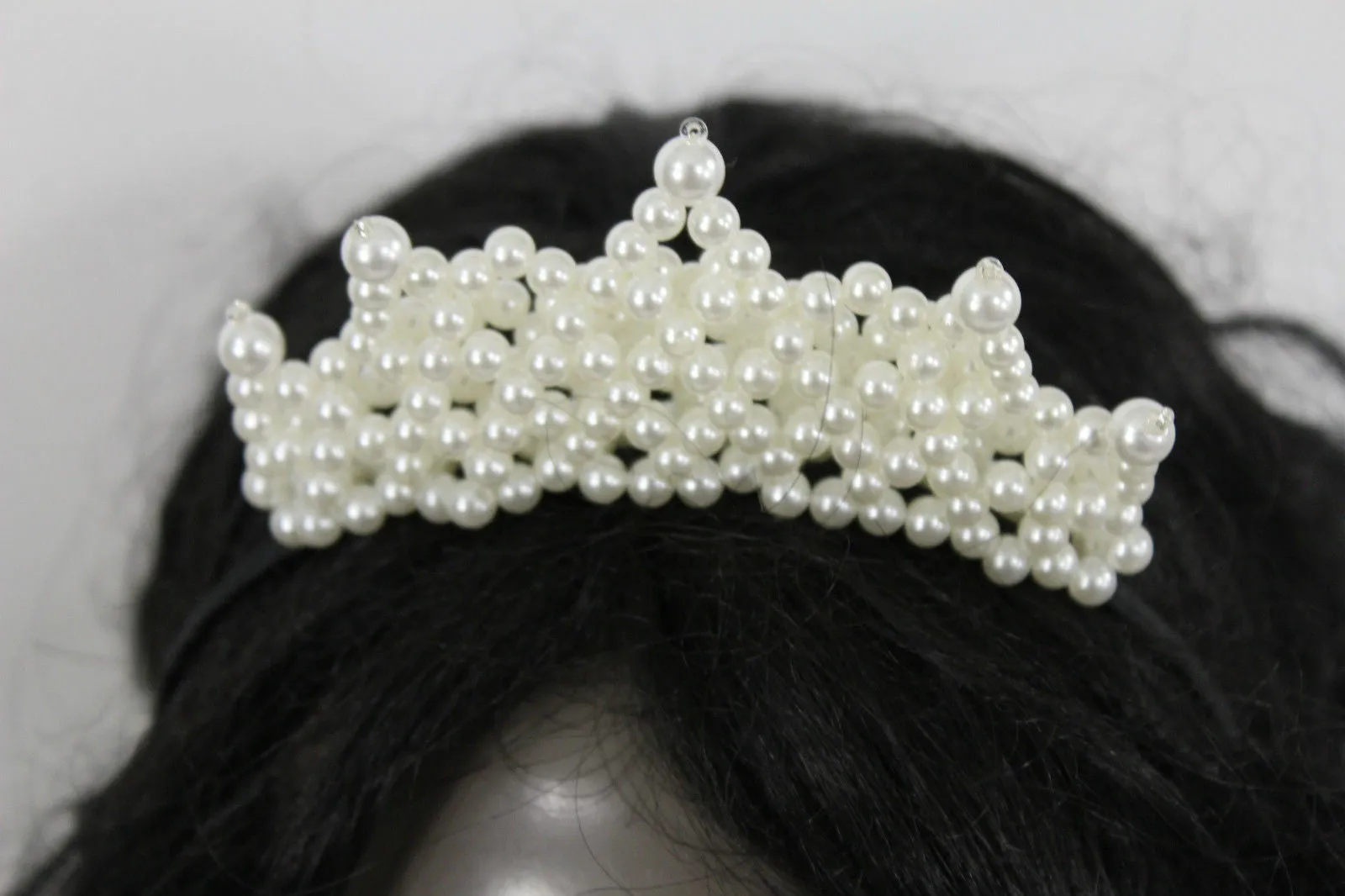 Cream Imitation Pearls Black Headband Crown Princess Queen