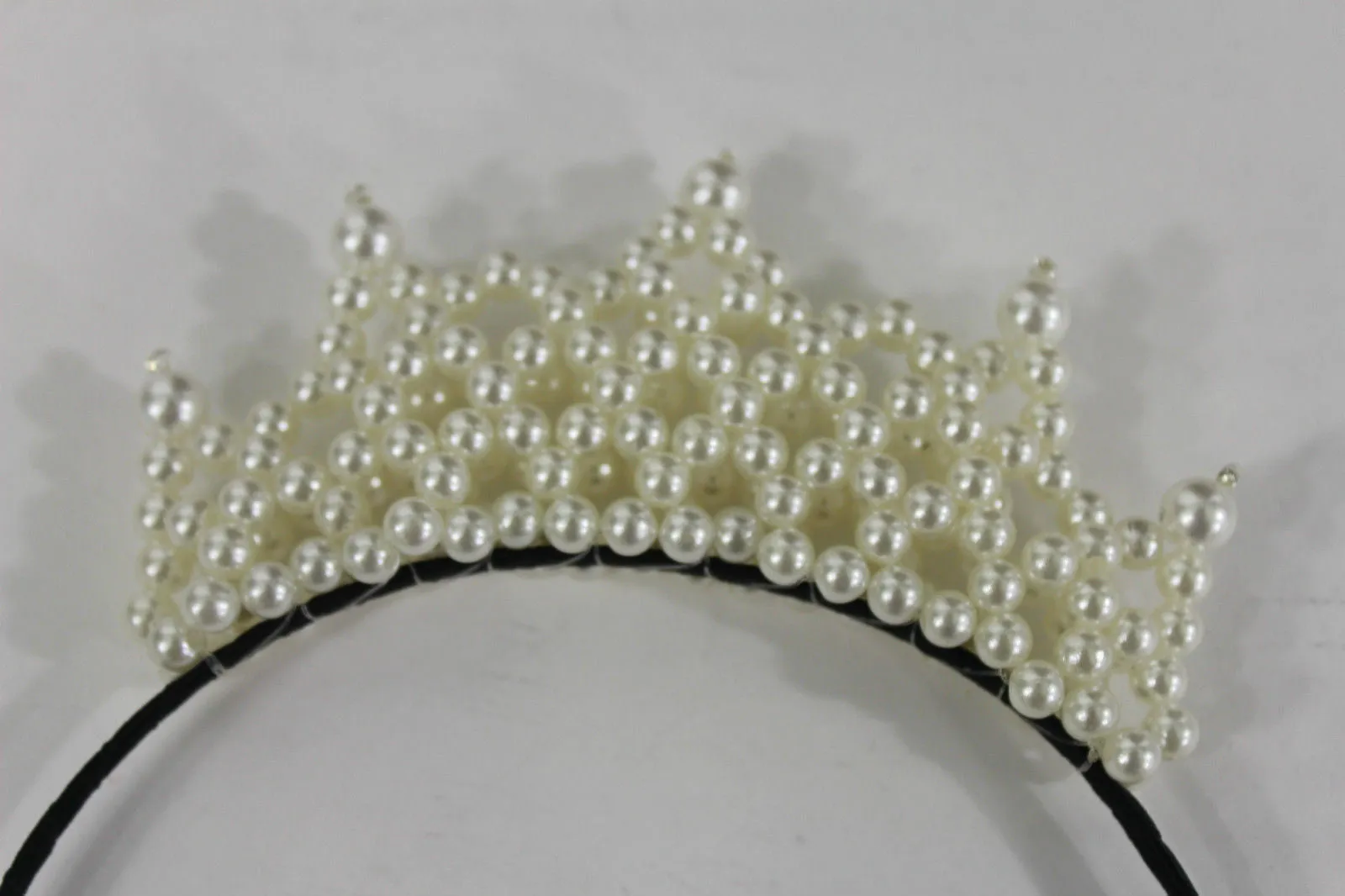 Cream Imitation Pearls Black Headband Crown Princess Queen