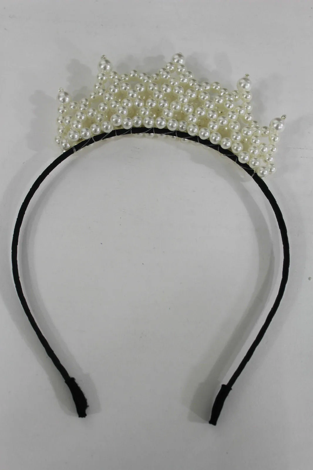 Cream Imitation Pearls Black Headband Crown Princess Queen