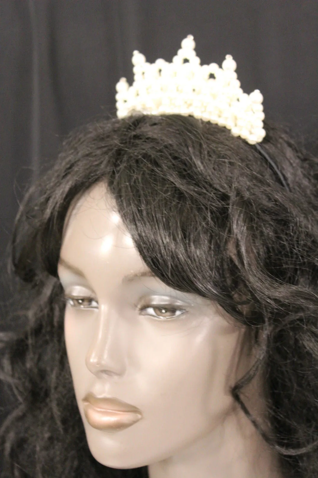 Cream Imitation Pearls Black Headband Crown Princess Queen