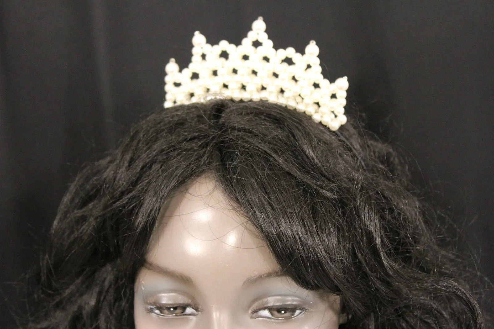 Cream Imitation Pearls Black Headband Crown Princess Queen