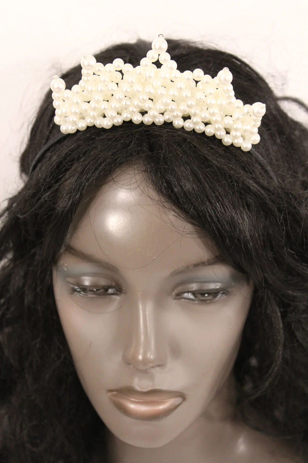 Cream Imitation Pearls Black Headband Crown Princess Queen