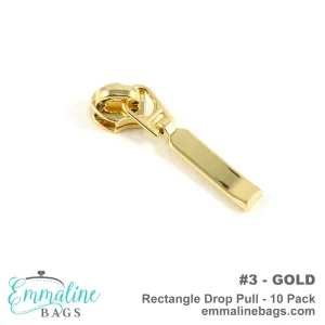 Emmaline Zipper Sliders with Pulls  *SIZE#3* (7 PACK) - Rectangle Drop Pull in Gold