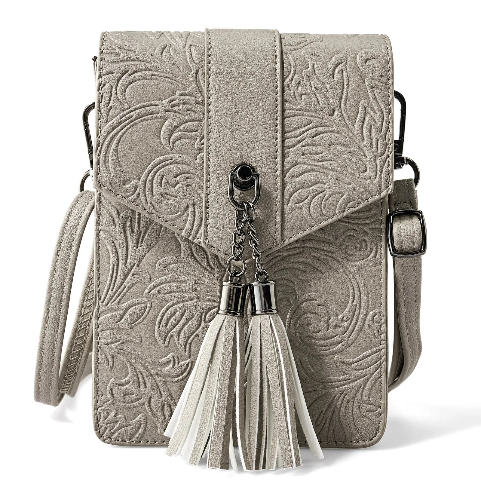 Fringe decorated orchid embossed Shoulder Bag-LIGHT GRAY