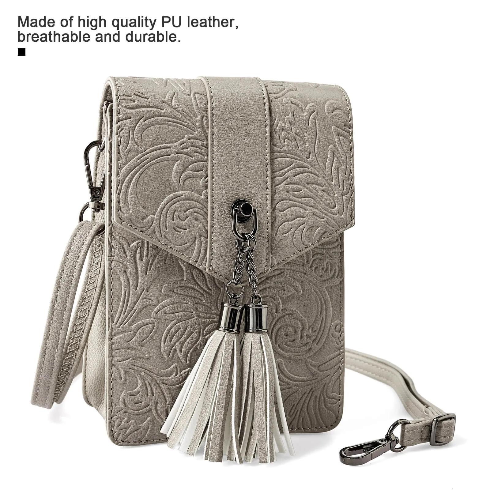 Fringe decorated orchid embossed Shoulder Bag-LIGHT GRAY