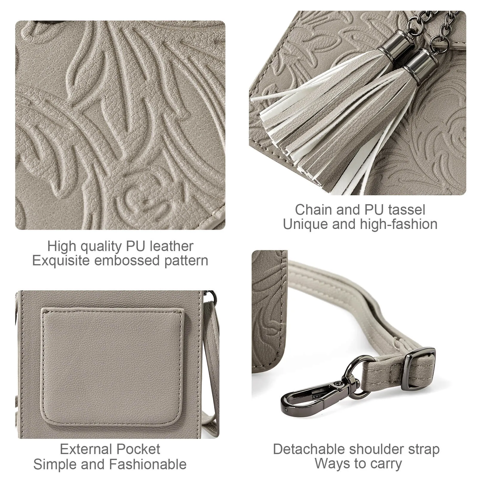 Fringe decorated orchid embossed Shoulder Bag-LIGHT GRAY