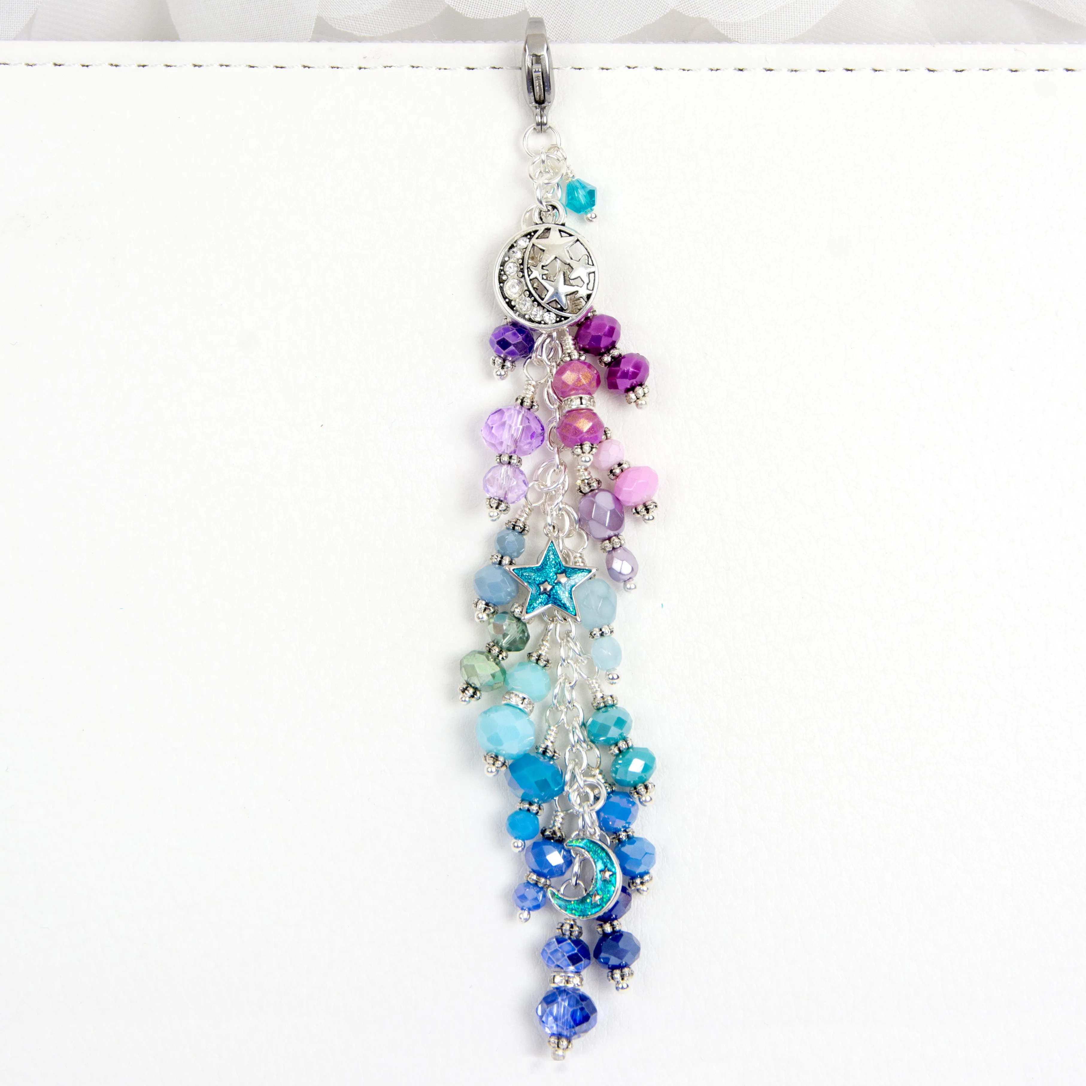 Galaxy Charm with Enamel Moon and Star Charms in Silver with Purple, Aqua and Blue Ombre Dangle