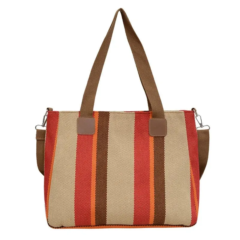 Large Capacity Striped Canvas Tote plus Shoulder Bag