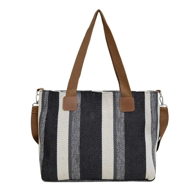 Large Capacity Striped Canvas Tote plus Shoulder Bag