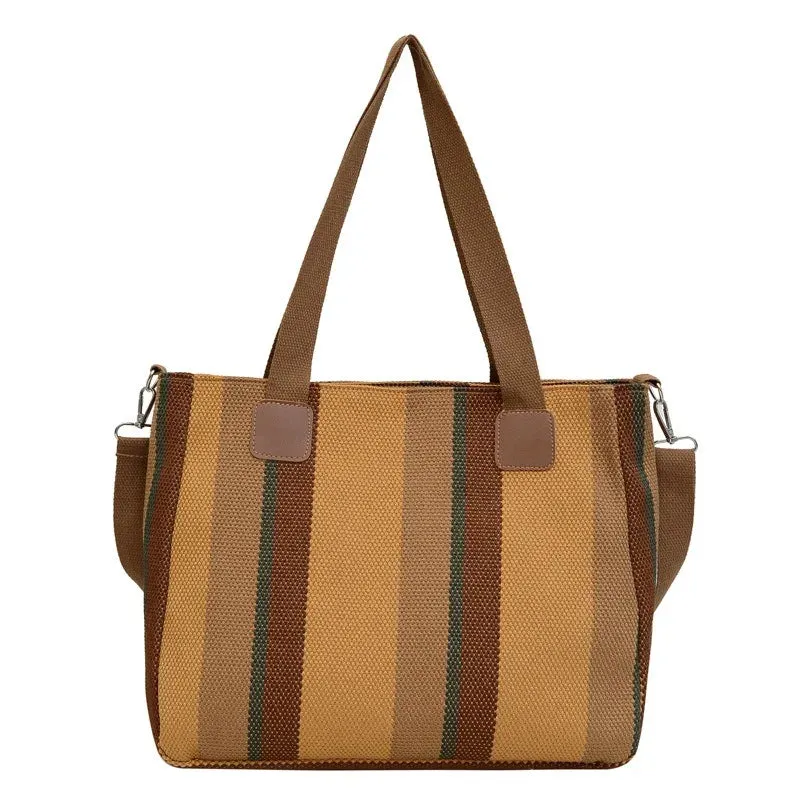 Large Capacity Striped Canvas Tote plus Shoulder Bag