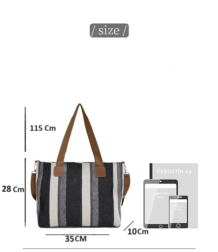 Large Capacity Striped Canvas Tote plus Shoulder Bag