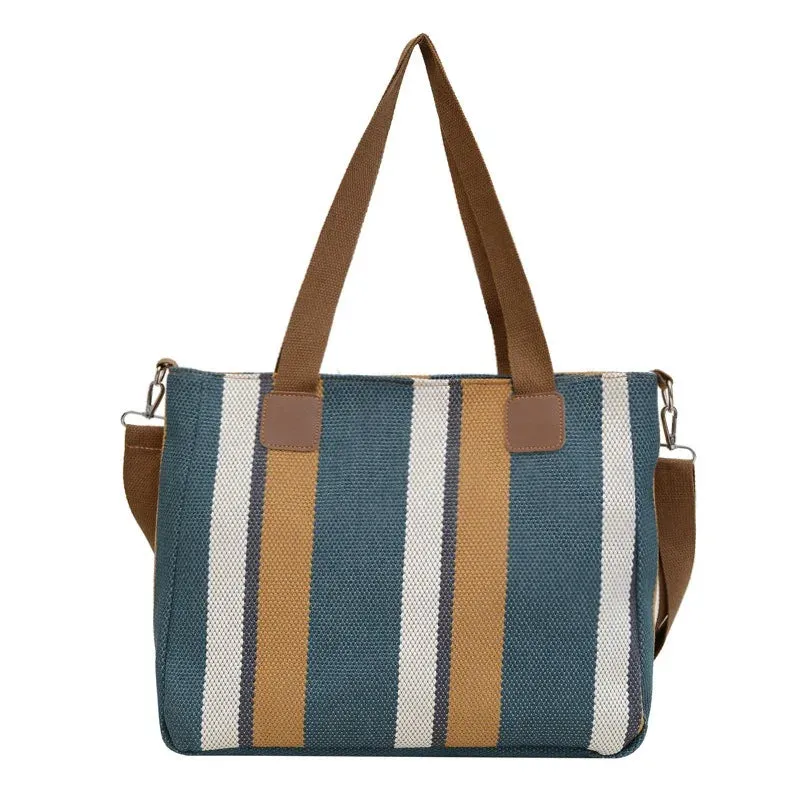 Large Capacity Striped Canvas Tote plus Shoulder Bag