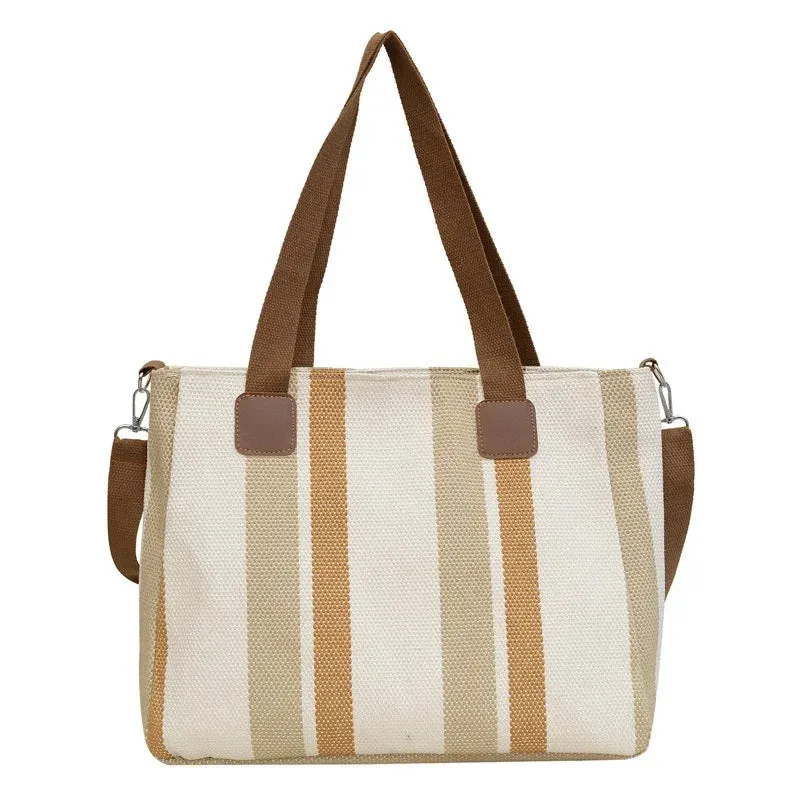 Large Capacity Striped Canvas Tote plus Shoulder Bag