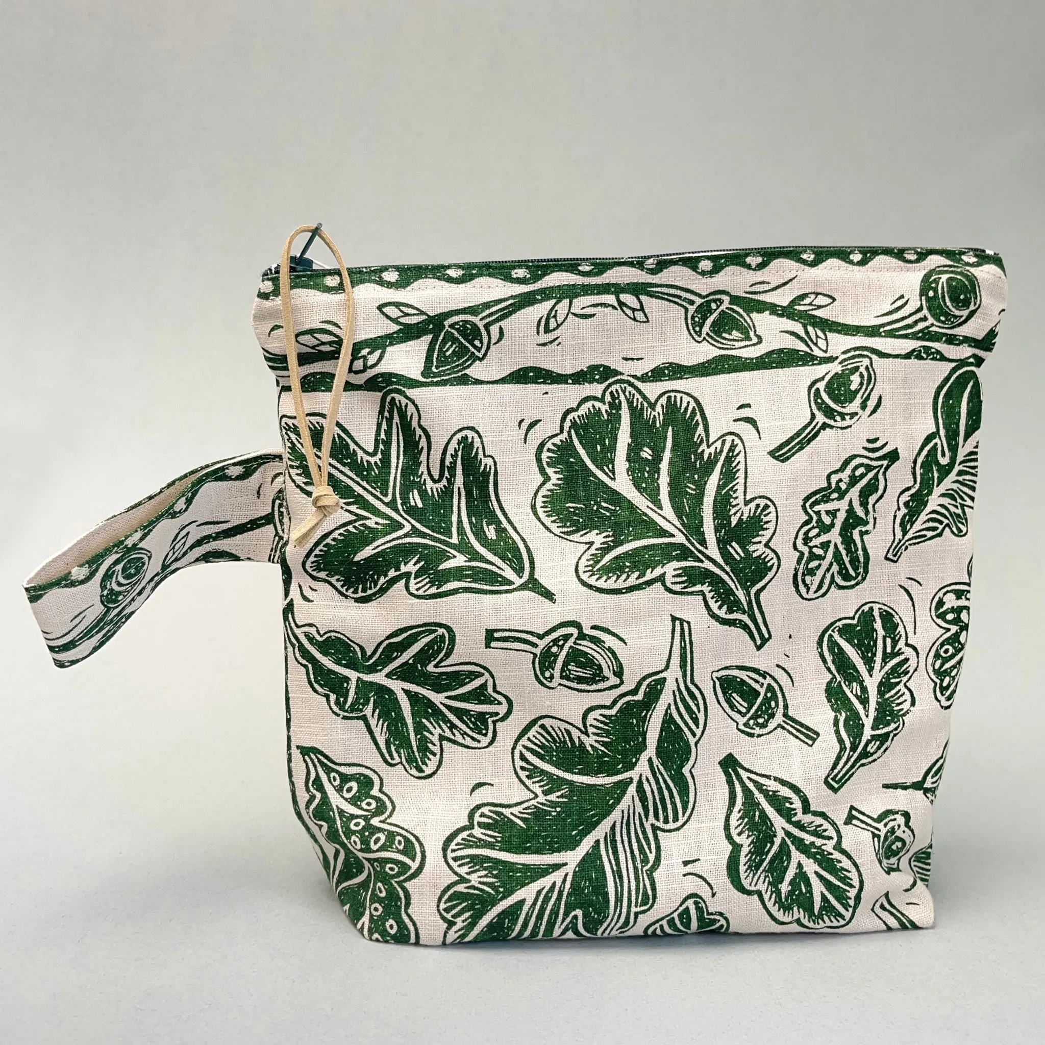 Large linen make up bag - green oak leaves