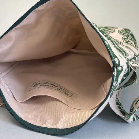 Large linen make up bag - green oak leaves